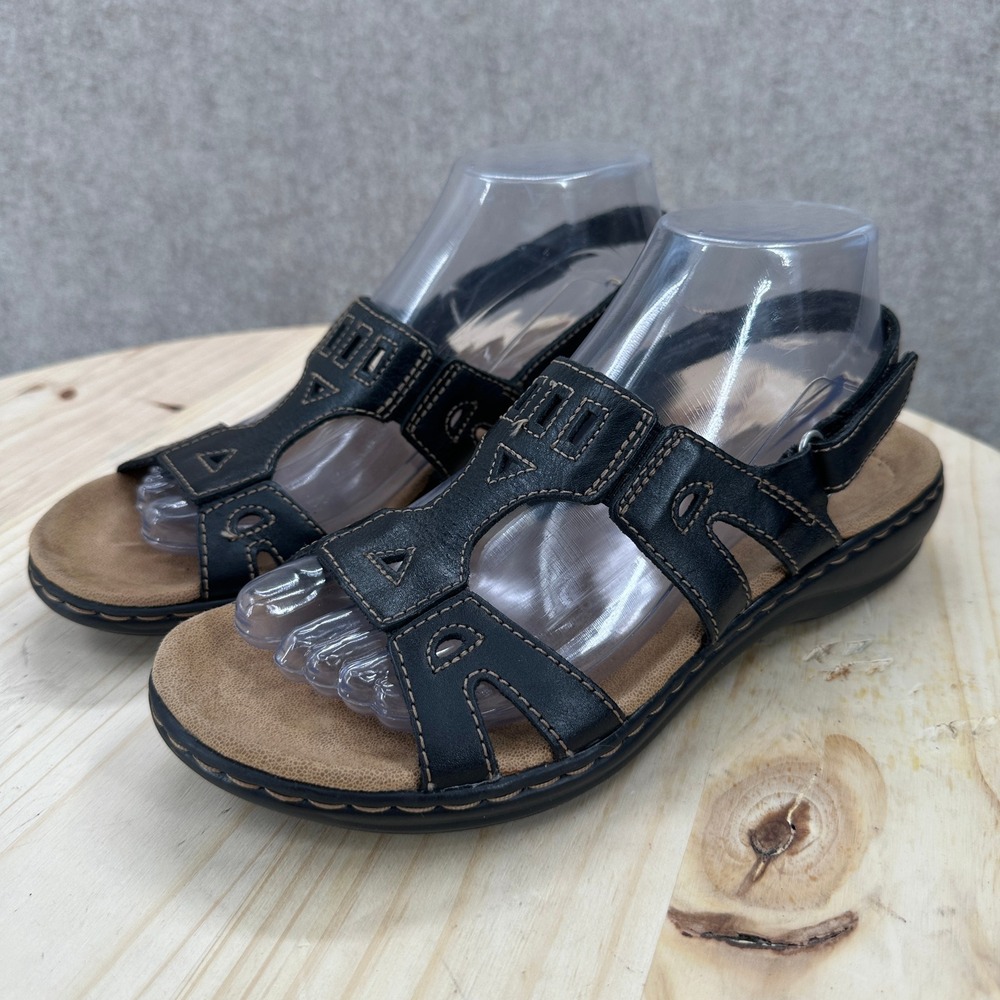 Clarks Leisa Sandals Womens 7.5 Black Leather Slingback Cutout Comfort